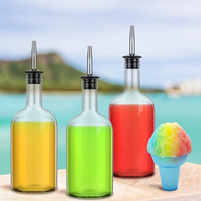 Baderke 8pcs 17oz Glass Long Neck Bottles Glass Pour Liquor Bottles Bar Juice Pour Syrup Bottle with Pourer & Caps Pourer Tapered Spout for Liquor Wine Juice Snowcone Syrup
