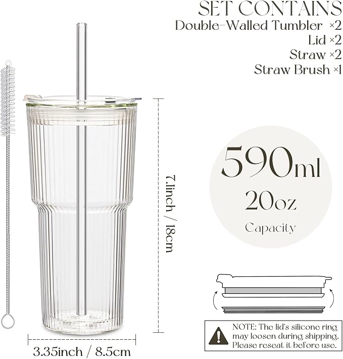 KEMORELA Iced Coffee Cups with Lids 20oz Ribbed Double Wall Glass Cups with Lids and Straws 2PCS, Coffee Bar Accessories， Insulated Borosilicate Glass Tumblers, To Go Coffee Cups, Spill proof tumbler