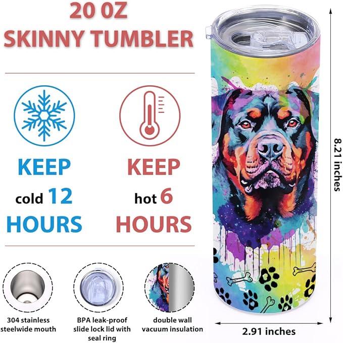 Rottweiler Gifts for Women, 20 Oz Straight Skinny Tumblers, Stainless Steel Tumbler, Double Wall Vacuum Travel Mug, Dog Stuff Animal Coffee Cup, Insulated Coffee Mug Thermal Cup for Office, Outdoor
