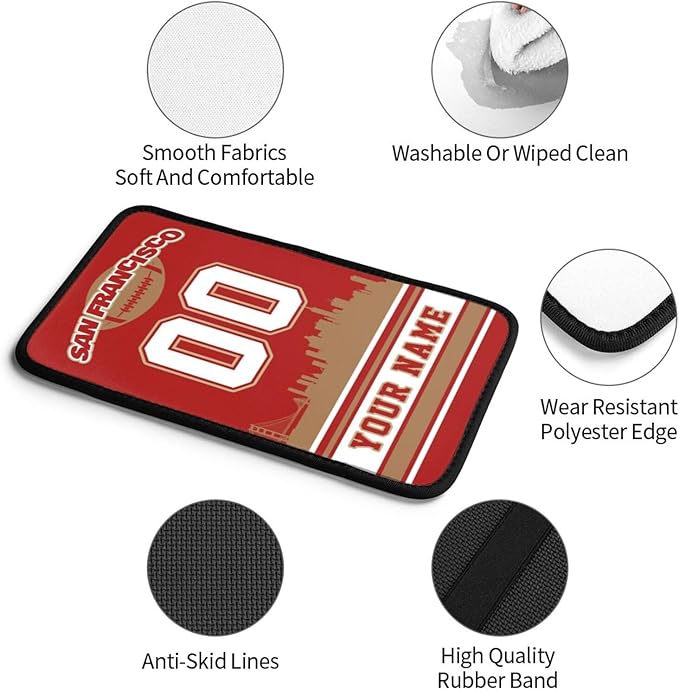 Custom San Francisco Car Armrest Covers Personalized Football Style with Name Number Customized Auto Center Console Pad Car Handrail Box Cushion for Most Vehicle Decor Accessories, Fans Gift