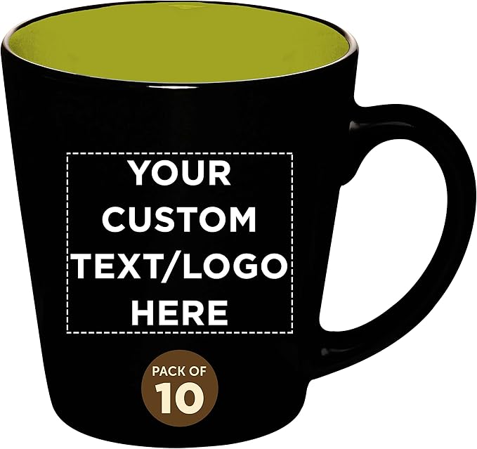 Custom Ceramic Coffee Latte Mugs 12 oz. Set of 10, Personalized Bulk Pack - Perfect for Coffee, Tea, Espresso, Hot Cocoa, Other Beverages - Lime Green
