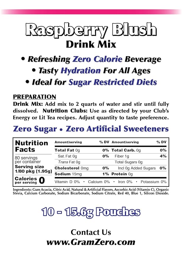 GramZero Raspberry Blush, Sugar Free Drink Mix, Pitcher Pack, Great For Nutrition Club Loaded Tea, Zero Calorie, Stevia Sweetened