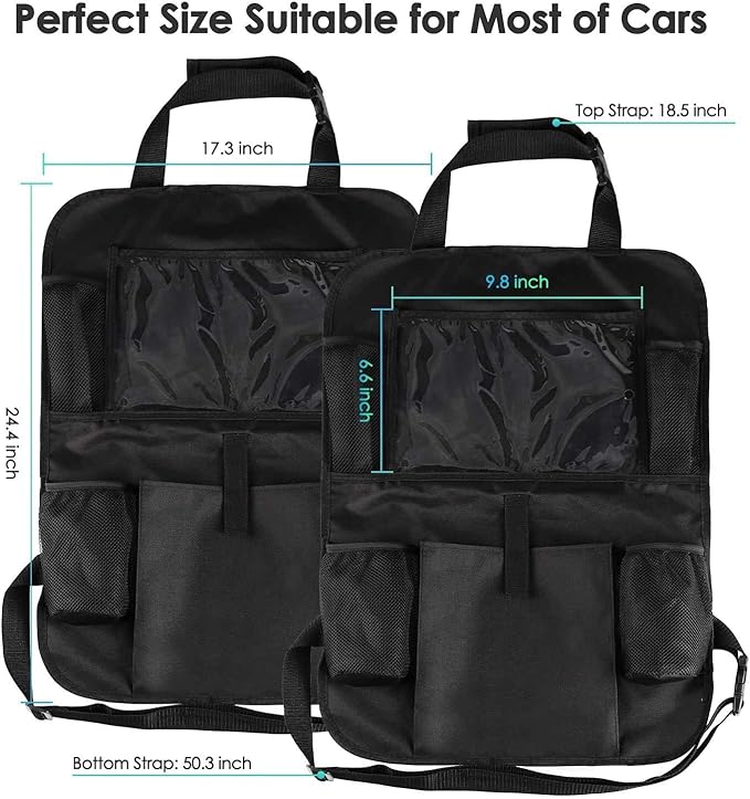 Car Back Seat Organizer with Tablet Holder, 17.3x24.4 inch, Multi-Pocket Storage, 2-Pack, Black