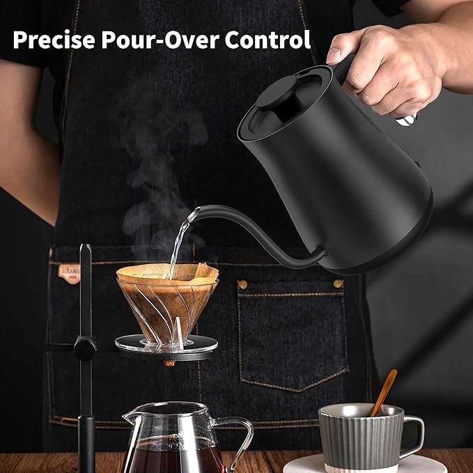 Electric Gooseneck Kettle, ±1°F Temperature Control, 304 Stainless Steel Inner, 0.8L/1200W Fast Heating with Auto Shut-Off & Safety Lock for Pour Over Coffee & Tea - Black