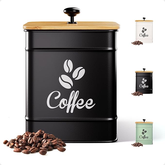 Airtight Coffee Canister - 40 oz Large Iron Black Coffee Container Airtight - 6 x 8 inch Metal Jar - Stylish Countertop Container for Coffee Grounds, Beans, Pods & More with Rubber-Lined Bamboo Lid