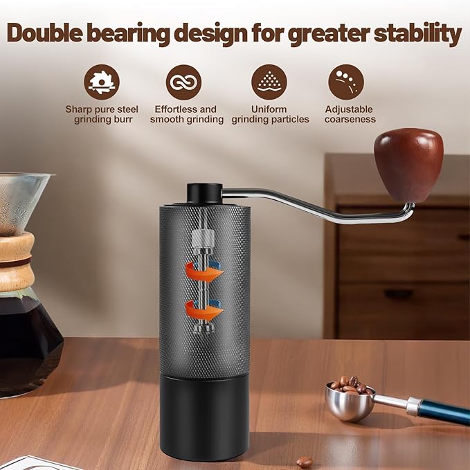 Manual Coffee Grinder Non-Detachable Stainless Steel Conical Burr Aluminum Coffee Bean Grinder with 25 Grinding Settings Cleaning Brush Grindable Espresso Moka Pot French Press for Camping Black