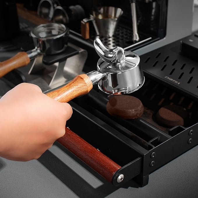 DIBTSA 58mm Portafilter Compatible with Gaggia, Double Spouts 2 Ears, with 304 Stainless Steel Reusable Filter Basket and Wood Handle, Espresso Machine Replacement Parts