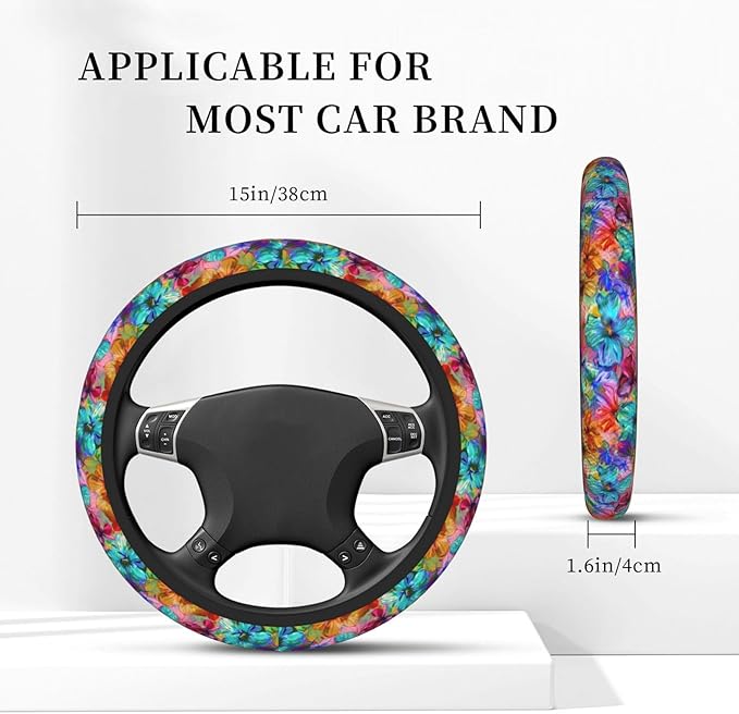 Blue Orange Flowers Steering Wheel Cover for Women Men Girls, Car Accessories Decor Thickened Anti-Slip Auto Steering Wheel Covers Protector Universal Fit 15 Inch for Cars, Truck, SUV