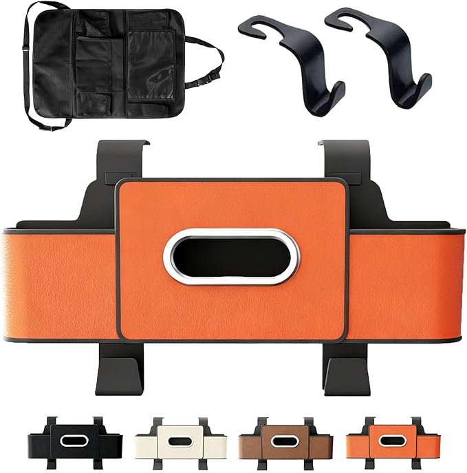 Car Organizer Back Seat, 2026 New 3 In 1 Car Backseat Organizer with Drink Cup Holder Tissue Box, Multifunctional Car Seat Back Storage Box for Hold Phone,Snacks, Drinks, Handbag (Orange)