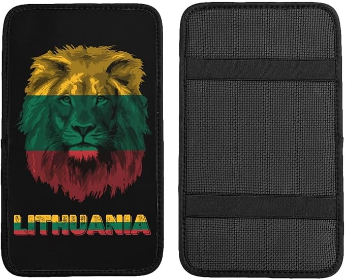 Vintage Lithuania Lithuanian Flag Lion Head Auto Center Console Armrest Cover Car Handrail Box Cushion Pad Mat Universal Fit Most Vehicle Sedan Truck SUV Soft Comfort Decor Accessories
