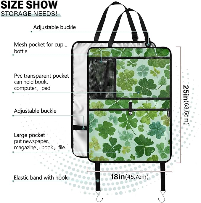 2 Pack Back Seat Car Organizer with Storage Pockets Kick Mats Back Seat Protector Hanging Car Organizer Automotive Seat Back Cover Organizers Green Nature St Patrick Clovers