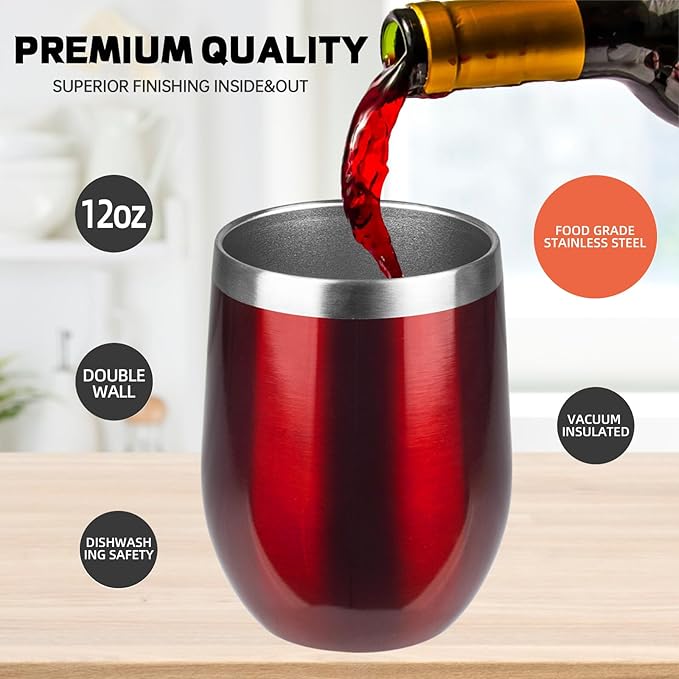 StarSpeed 12oz/6 Pack Wine Tumbler with lid, Stainless Steel Travel Mugs Stemless Double Wall Insulated Coffee Cup, Insulated Wine Glasses Travel Tumbler for Cold & Hot Drinks(Transparent Red, 6)