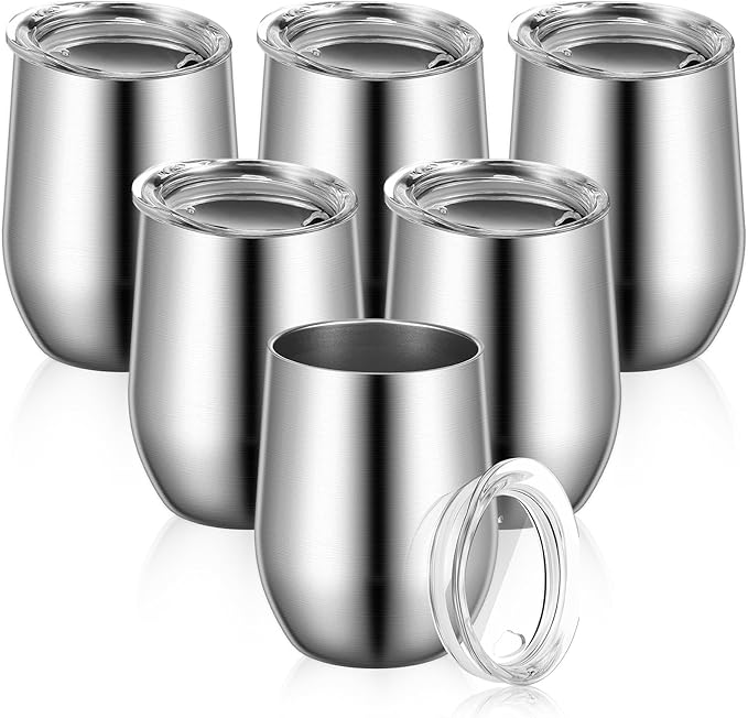 6 Pack Stainless Steel Wine Tumblers 12 oz Insulated Vacuum Wine Cup Set Double Wall Stainless Steel Stemless Mug Glasses for Coffee Soda Whiskey Outdoor Travel (Silver)