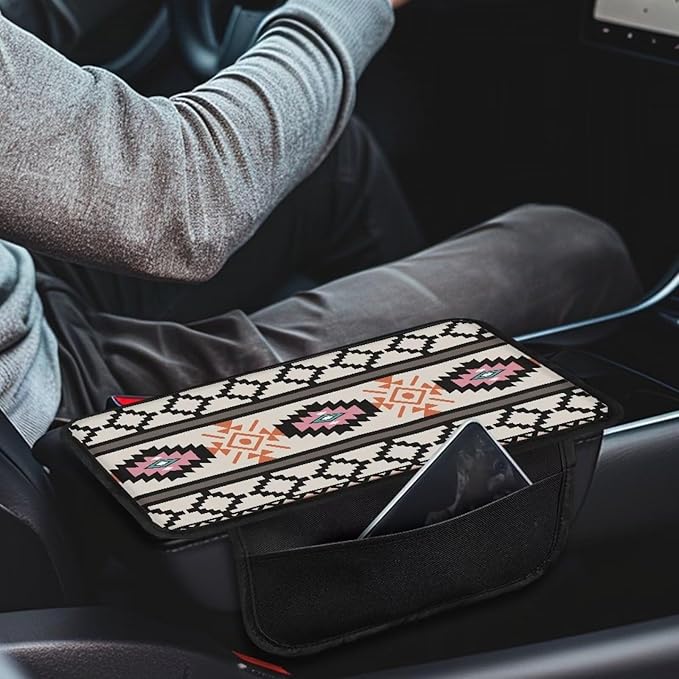 Dreaweet Navajo Car Accessories Arm Rest Cover for Truck SUV Van,Southwest Native Indian American Aztec Print Center Console Cover with Pockets,Car Armrest Cover Pad Soft Comfortable