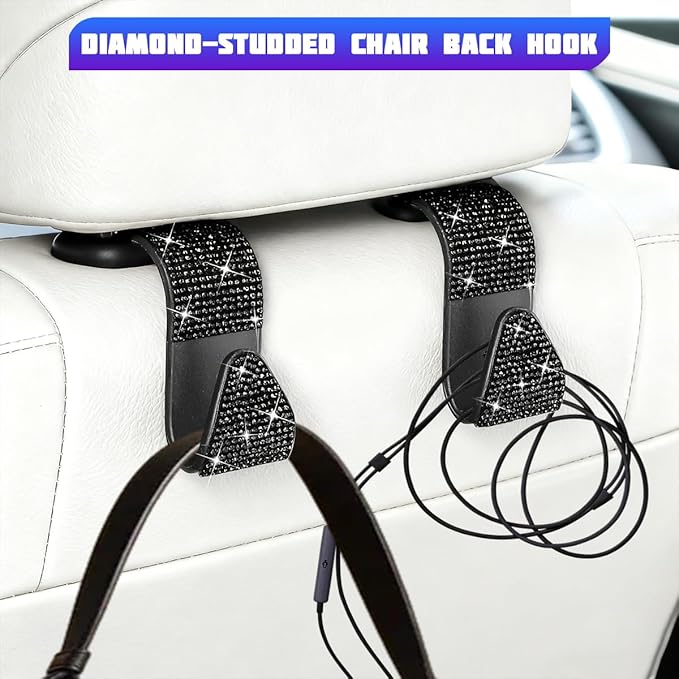 Bling Car Seat Headrest Hooks, 4PCS Crystal Rhinestone Vehicle Back Seat Hanger Holder for Handbags Purses Coats, Automotive Headrest Storage Organizer, Universal for RV SUV Truck (Black)