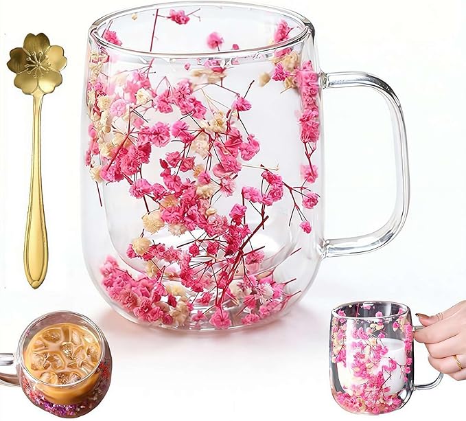 15.2Oz Double Glass Flower Tea Cup,Dried Flowers Insulated Glass Double Wall Coffee Mug With Handle,Transparent Doubles Glases Flower Tea Cup Latte Coffee Cups,Valentines Day Party Gifts