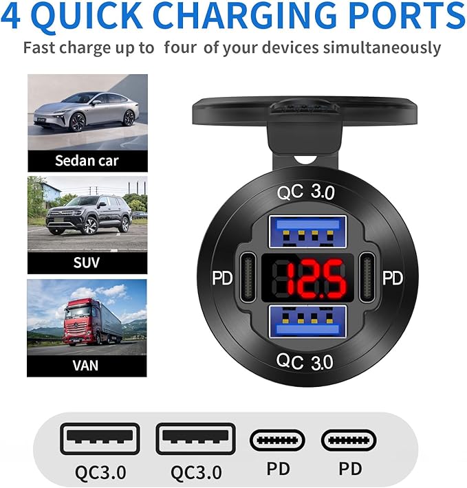 2 Pack 12V USB Outlet 4 Port Car Charger Socket, 78W Dual PD USB C and Dual Quick Charge 3.0 Port Aluminum Charger with Red Voltmeter DIY Kit Waterproof for Car Boat Marine Motorcycle RV Truck, etc