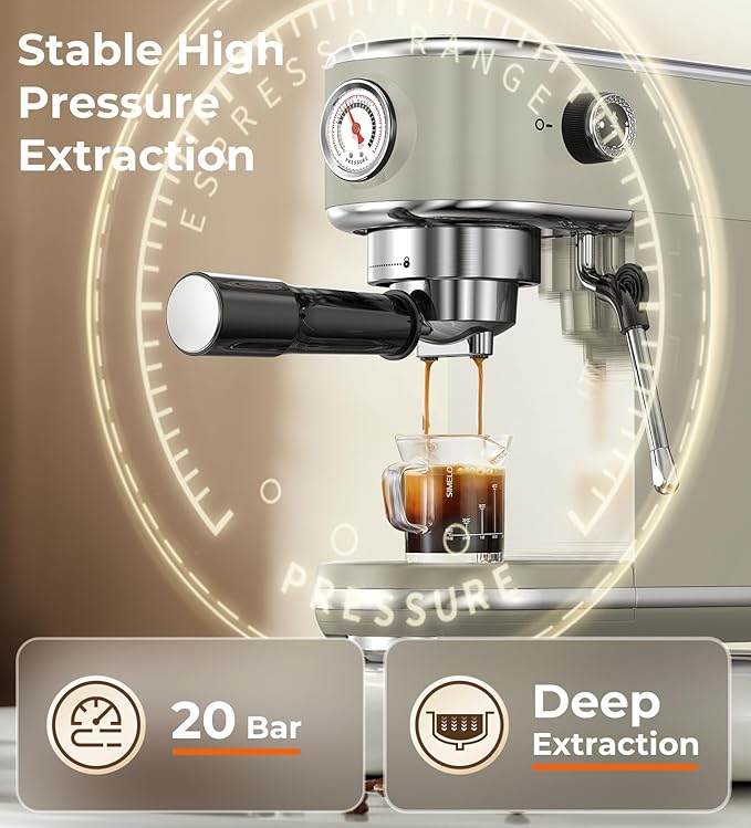 20 Bar Espresso Machine with Milk Frother, Compact Espresso Maker, Stainless Steel Coffee Machine with Precise Temp Control & 44oz Removable Water Tank for Latte, Cappuccino, Light Grey