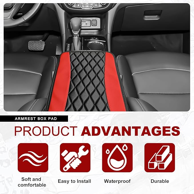 Leather Car Center Console Cover with Side Storage Pockets, Universal Leather Waterproof Armrest Pad Protector & Organizer for Cars, Vehicles, SUVs Interior Decor Stylish Car Decoration (Red)
