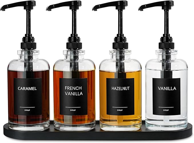 Coffee Bar Accessories, Syrup Dispenser With 1/4oz Large Capacity Pump - Glass Pump Dispenser for Station, Organizer, 4 Pack