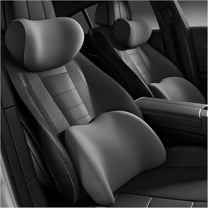 Car Lumbar Support Pillow and Car Neck Pillow Kit for KIA Stinger 2017 2018 2019 2020 2021 2022 2023, Car Seat Neck Back Rest Pillows, Ergonomic Car Seat Headrest & Lumbar Cushion,B Grey