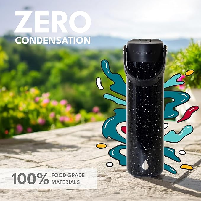 Elemental 24oz Insulated Water Bottle with Straw - 100% Leak-Proof Stainless Steel Core Water Bottles for Travel, Sports and Gym - Double Wall Insulation & BPA Free - Black Speckle
