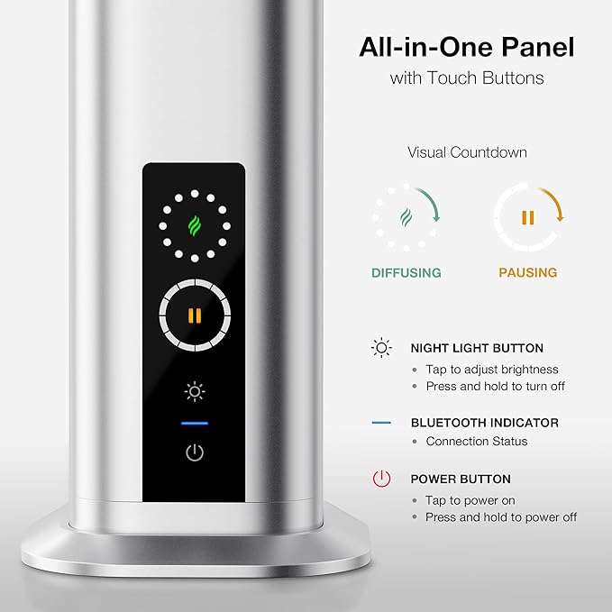 Airversa Waterless Diffuser, Smart Tower Diffuser with App Control, Cold Air Scent Diffuser Oil Machine for Homes Offices Hotels, 300mL Capacity, Up to1500 sq ft, DC-12V/1A Plug, RDX Silver