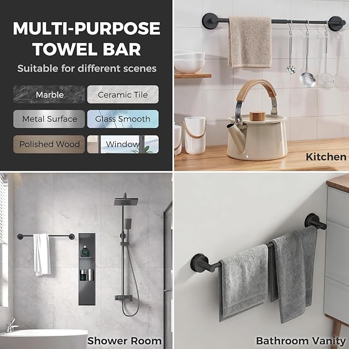 Adjustable Suction Cup Towel Bar for Bathroom Wall,17 Inch~29 Inch Towel Racks for Bathroom,Stainless Steel Bath Towel Holder for Shower,2 Pack(Matte Black)
