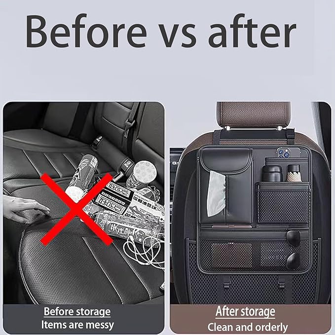 Multifunctional Car Seat Back Storage Box – Premium PU Leather Backseat Organizer with Cup Holder & Tissue Box, Spacious Car Seat Organizer for Storing Essentials & Keeping Interior Neat