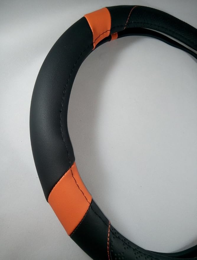 Jdragon Black & Orange PU Leather Best Grip Slip-On Steering Wheel Cover 14.25-15" Diameter