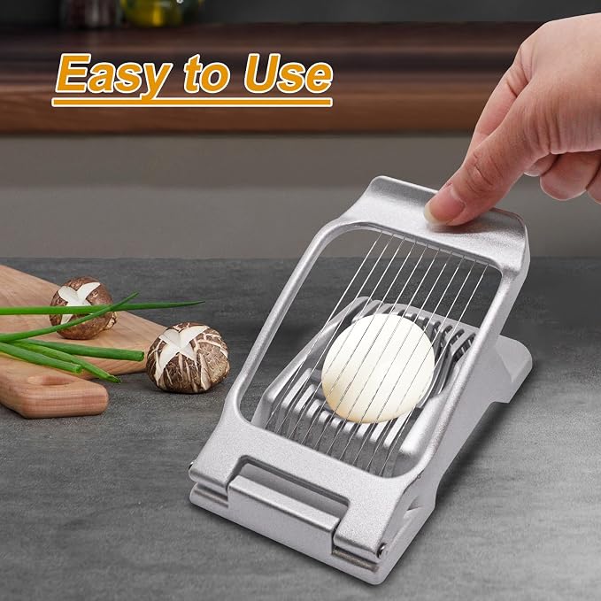 Egg Slicer for Hard Boiled Eggs, Food Slicer with 10 Stainless Steel Wires, Aluminum Alloy Heavy Duty Hard Boiled Egg Cutter for Soft Fruit Strawberry Butter Kiwi Home Use (1Pcs, Silver)