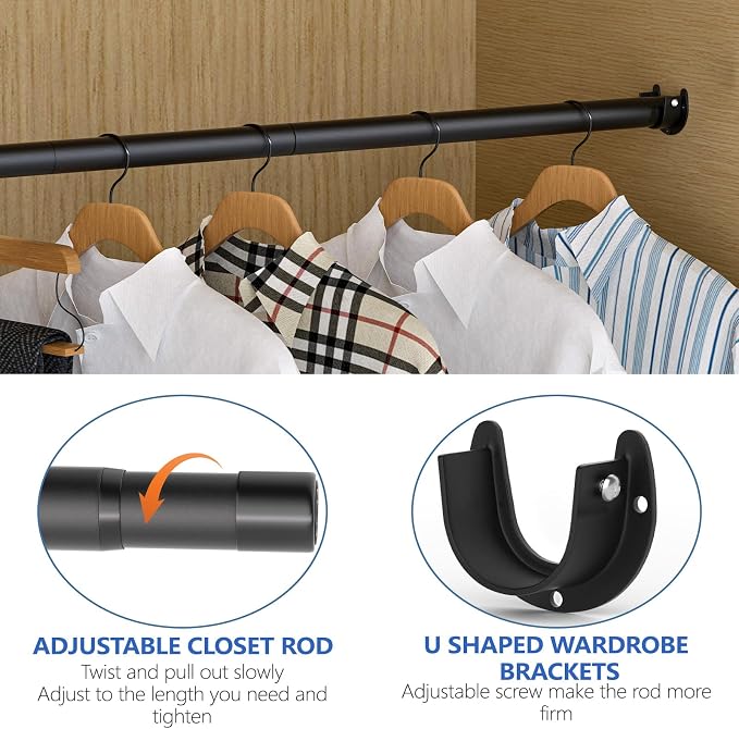 SUTINE Closet Rods for Hanging Clothes, 17 to 53 Inch Closet Rod, Heavy Duty Adjustable Clothes Hanging Bar Rod Matte Black Closet Poles for Wardrobes, Closet, Bathroom, Windows,1.3 Inch Diameter