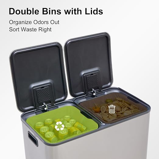 DUMOS 2 x 10.5 Gallon Kitchen Trash Can with Lid, Stainless Steel Garbage Can with Soft-Close Lid & Removable Inner Buckets, Dual Compartment Step-on Waste Bins for Kitchen, Home Office