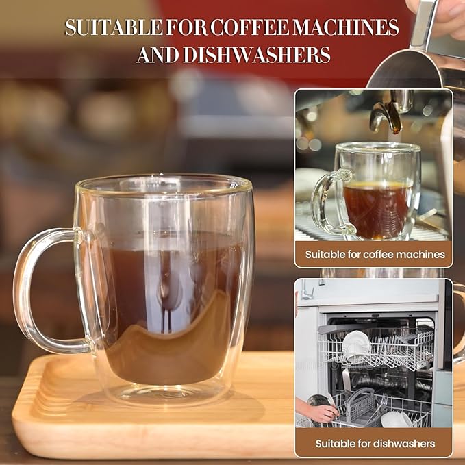 YUNCANG Double Wall Insulated Coffee Mugs, 16 Ounces - Clear Glass, Cappuccino & Latte Cups, Heat Resistant