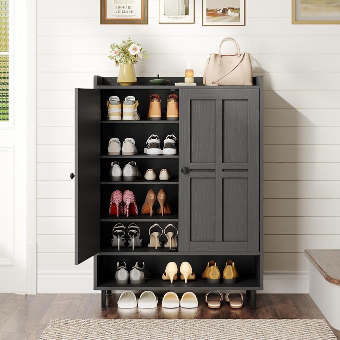 ONBRILL Shoe Cabinet with Cross Molding Doors, 6-Tier Shoe Storage Cabinet with 3 Adjustable Shelves and Metal Legs, 45'' Tall Shoes Rack Organizer Cabinet for Entryway, Front Door, Black