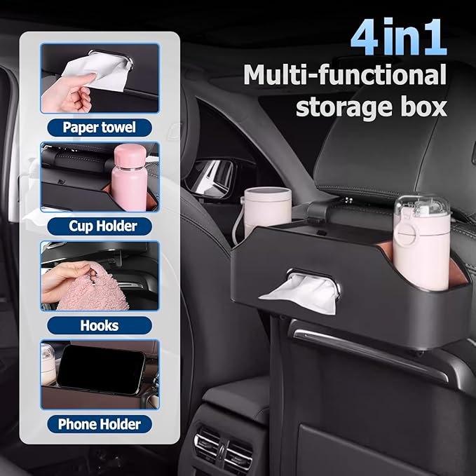 Multifunctional Car Back Seat Storage Organize, 2026 Upgrade 3-in-1 Car Backseat Organizer with Cup Holder, Tissue Box, Trash Bin & Hooks, for Hold Phones, Snacks, Drinks, and Handbags (Black)