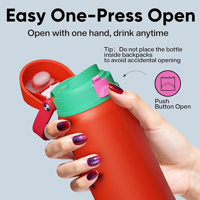 Insulated Water Bottle with Straw - Encool Stainless Steel Water Bottle with Push Button Lid, Leak-Proof & BPA-Free, Keeps Cold for 24 Hours for Sports, Travel, Gym (32 oz, Grapefruit Red)