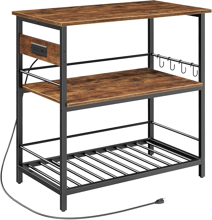 HOOBRO Kitchen Island with Storage, Kitchen Island Table with Power Outlet, 47.2" L 3 Tier Kitchen Counter and Microwave Stand, for Home, Kitchen and Dining Room, Rustic Brown and Black BF120UZD01