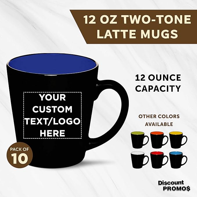 Custom Ceramic Coffee Latte Mugs 12 oz. Set of 10, Personalized Bulk Pack - Perfect for Coffee, Tea, Espresso, Hot Cocoa, Other Beverages - Royal Blue