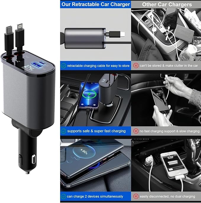 Retractable Car Charger - 4-in-1 Fast Car Phone Charger USB C and Lightning Cords 66W Cigarette Lighter Chargers Adapter for iPhone 15 14 13 12 Pro Max iPad Android Galaxy S24 S23 Pixel Tablet