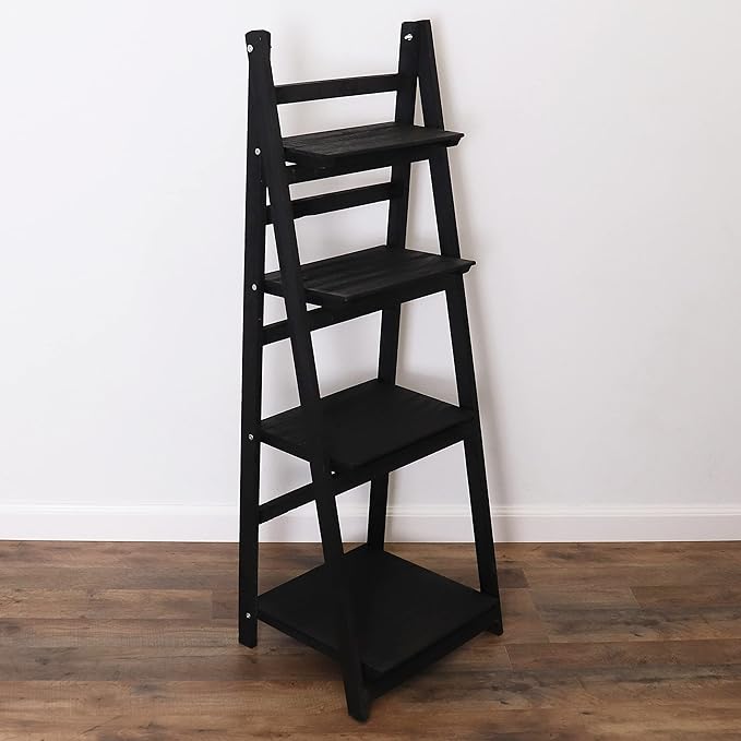Distressed Ladder Shelf - Rustic Leaning Bookshelf for Home Decor (Black)