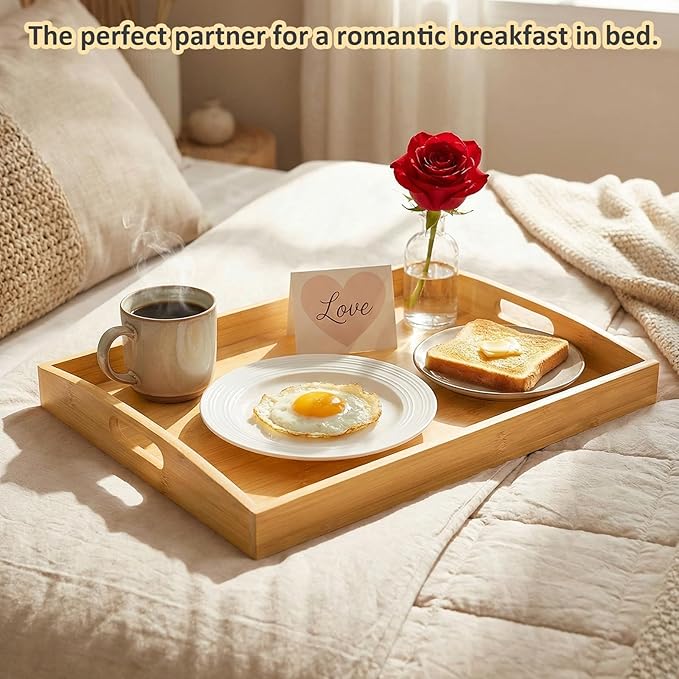 Bamboo Serving Tray with Handles, Set of 2 Large Wood ServingTrays for Food & Coffee, Elegant Wooden Tray for Breakfast in Bed, Kitchen & Party