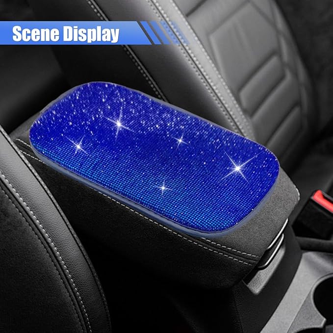 11.9''×8.4'' Bling Car Center Console Cover, Crystal Rhinestone Arm Rest Protective Cushion Pad, Diamond Soft Elbow Pillow, Auto Interior Decoration Accessories for Women Girls (Blue)