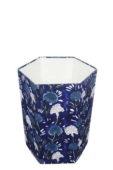Generic 3.3 Gallon Cotton Hand Block Printed Paper Waste Basket |Small Decorative Trash Can for Housewarming Gifts in Living Room, Bedroom, Bathroom | Eco-Friendly, Plastic-Free (1, BLUE FLOWAR)