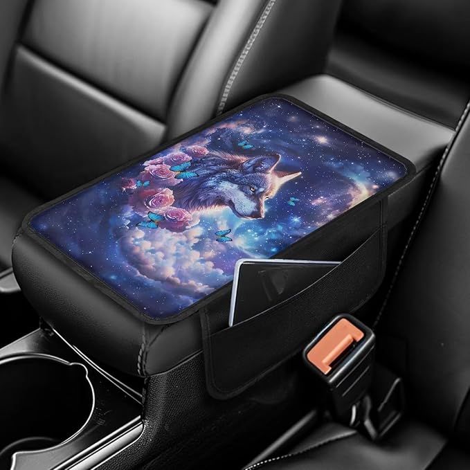 Dreaweet Galaxy Wolf Car Accessories Arm Rest Cover for Car Center Console Cover with 2 Storage Pockets,Universal Soft Armrest Cover Protector for Vehicle SUV Truck Car