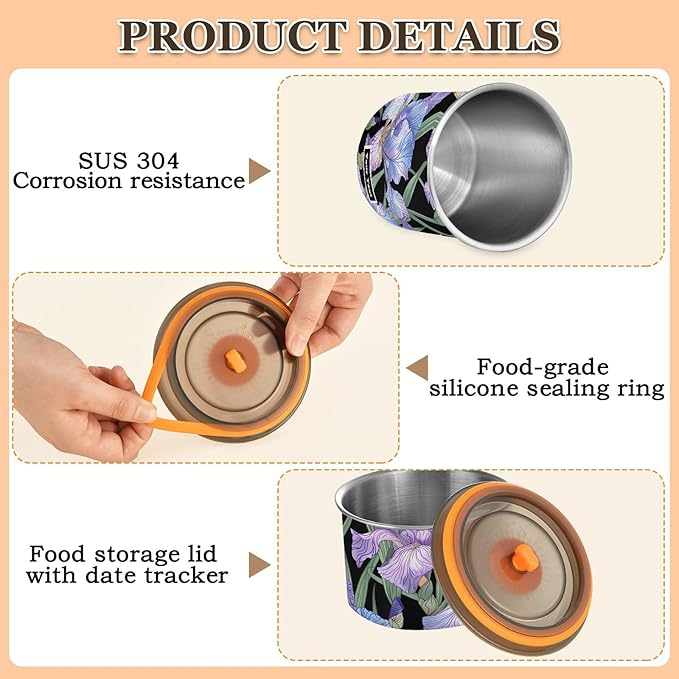 ALAZA Purple Iris Flowers Floral Kitten Cats Airtight Coffee Bean Canister Customed 900ml Food Storage Containers with Lids For Gournd, Tea, Sugar, Flour, Rice, Cereal, Candy Cookie Jar