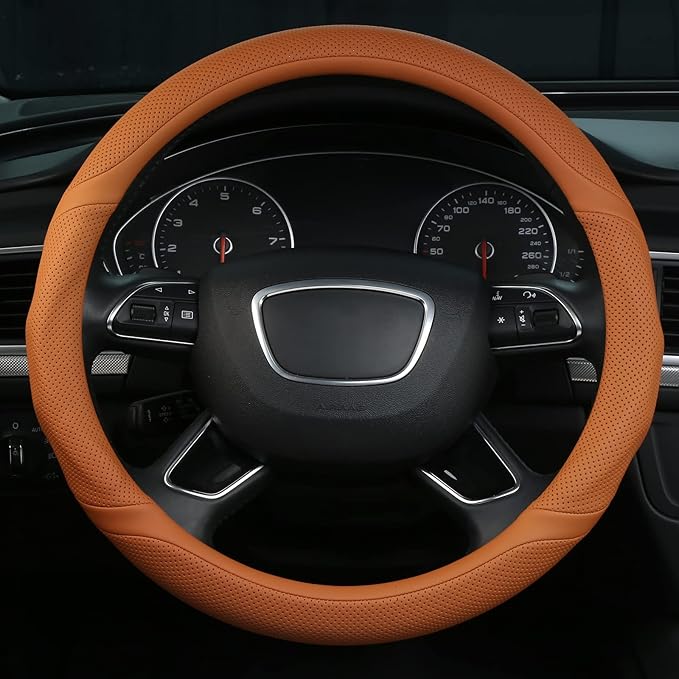 ALEMODR Cayenne Orange Leather Steering Wheel Cover Universal 15 inch