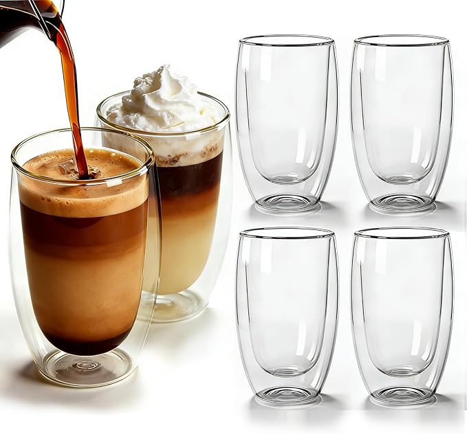 Etolies 6 Pack Double Wall Glass Coffee Mugs, 15oz Glass coffee Cups, Drinking Glasses, Insulated Borosilicate Thermo Cups for Hot & Cold Beverages - Espresso, Latte, Tea, Cappuccino