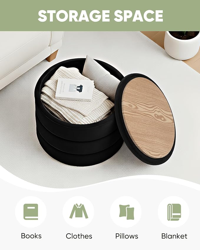 B FSOBEIIALEO Round Velvet Storage Ottoman with Tray, Folding Ottoman with Storage Coffee Table Foot Rest for Dorm Room, Living Room Black, 22.83"x22.83"x17.32"