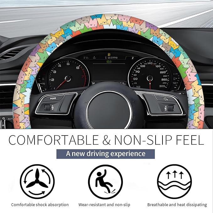 Steering Wheel Covers for Car, Truck, and SUV, Cute Non-Slip Breathable Elastic Steering Wheel, Car Accessories, Universal 15 Inch Leather Cover for Men Women Cute Colorful Cats